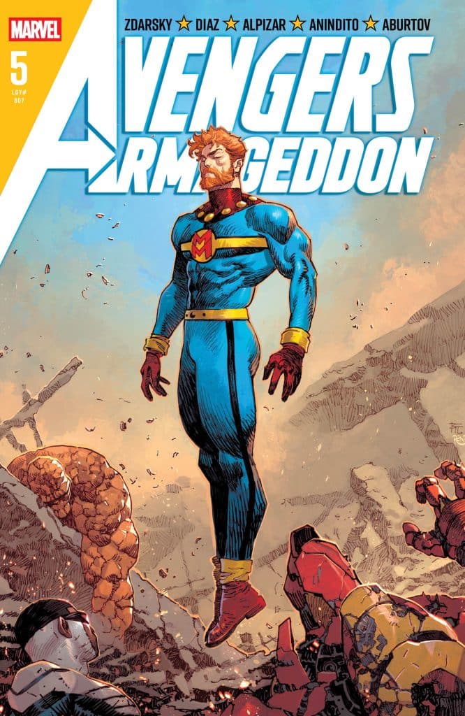Cover of 'Avengers: Armageddon' issue 5 featuring a superhero in a blue costume with a red emblem, hovering above a battlefield scattered with debris and fallen characters.