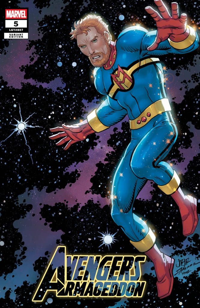 Comic cover featuring a heroic character in a blue and gold suit, floating in space with a serious expression, surrounded by stars and the title 'Avengers: Armageddon'.