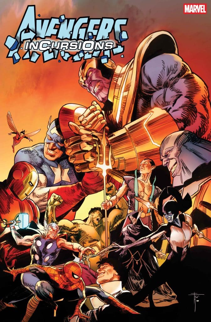 Comic book cover featuring Marvel characters in action, including Thanos, Avengers, and Spider-Man, with the title 'Avengers: Incursions' prominently displayed.