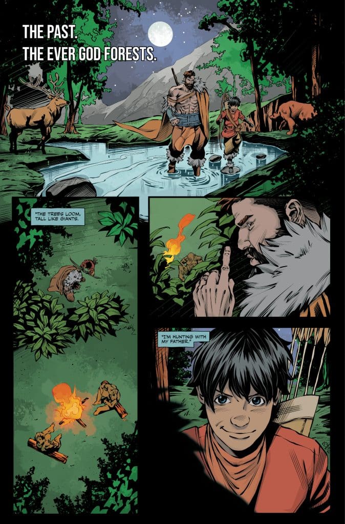 A comic book page depicting a nighttime scene in a forest. The top panel shows a muscular man and a boy walking by a serene stream beneath a large moon. The middle panel features a close-up of an older man gesturing, with a campfire and two figures in the background. The bottom panel showcases a smiling boy stating, 'I'm hunting with my father.'