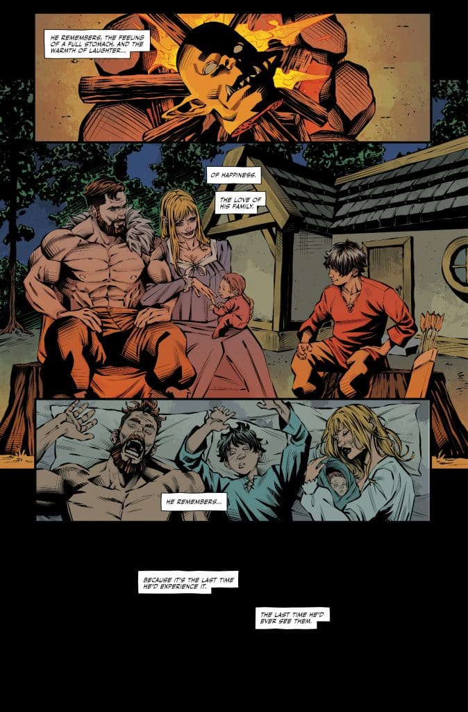 A comic book page depicting a family scene around a campfire with a muscular man and a woman holding a baby, expressing themes of happiness and family love, alongside reflective text about memories.