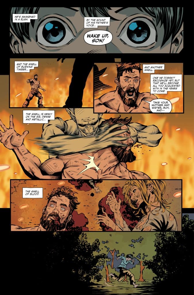 A comic book page featuring an intense scene where a boy awakens abruptly to his father's voice, surrounded by chaos. Flames and smoke are visible in the background, indicating a fire. The father is depicted in a distressed state, and the atmosphere conveys urgency and danger.