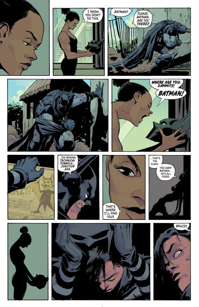 A comic book panel with a woman holding a Batman mask, expressing frustration and concern. Batman appears in various poses, showcasing tension and urgency. The dialogue conveys a search for Batman, emphasizing confusion and desperation.