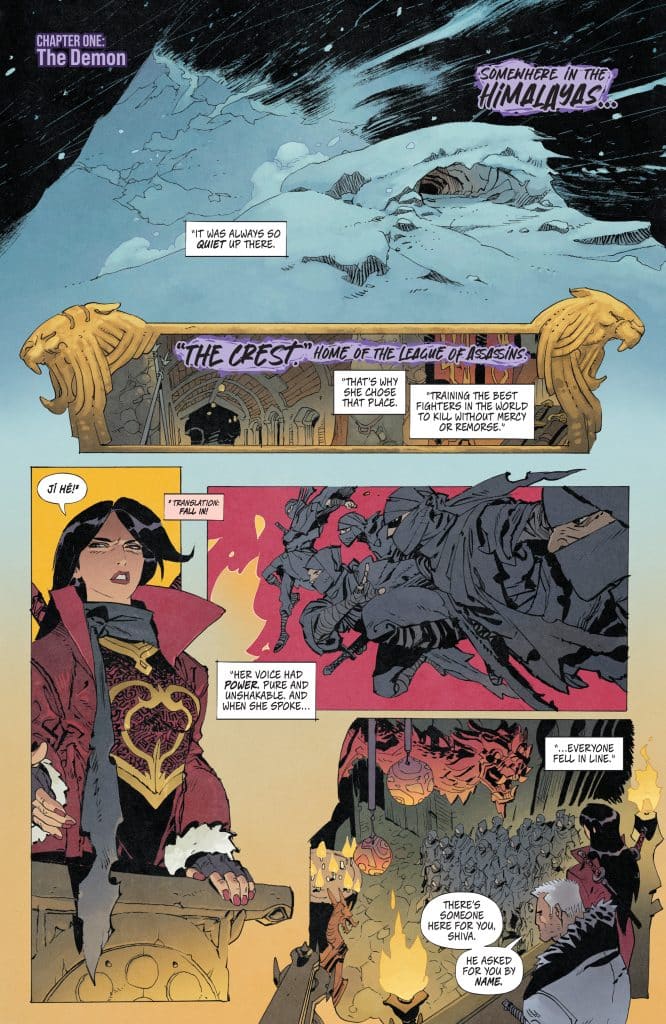 A comic book page featuring snowy Himalayan mountains, a title banner reading 'The Crest: Home of the League of Assassins,' and characters in conversation. One character, dressed in dark clothing, speaks with authority, while silhouettes of other characters with weapons appear in the background.