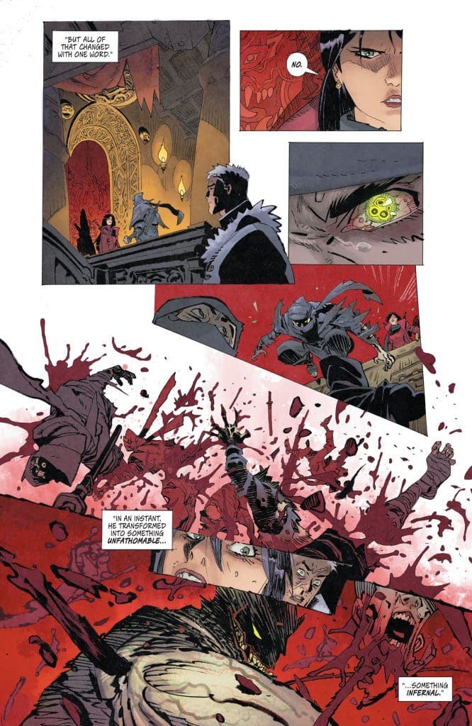 A comic book page featuring intense action and dramatic expressions, with characters in a gothic setting. The scene is marked by splashes of red, indicating violence, and includes dialogue bubbles conveying a tense conversation about transformation and something infernal.