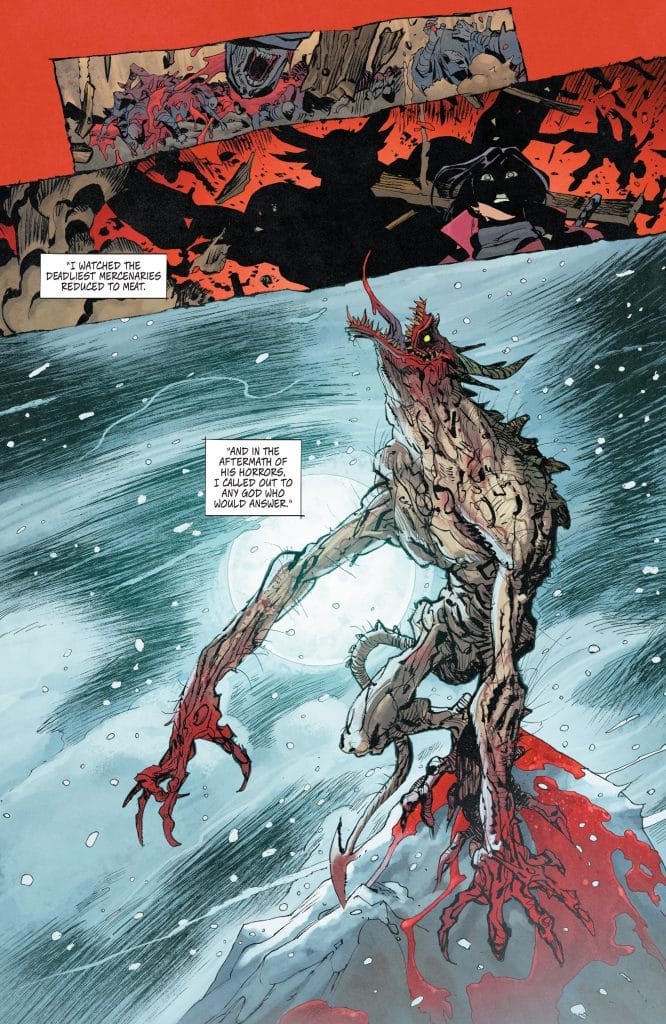 A monstrous creature stands on a snowy landscape, its body contorted and grotesque, with blood dripping from its limbs. In the background, dark, shadowy figures loom, hinting at a tense atmosphere. The scene is illuminated by a large moon, adding to the eerie ambiance.