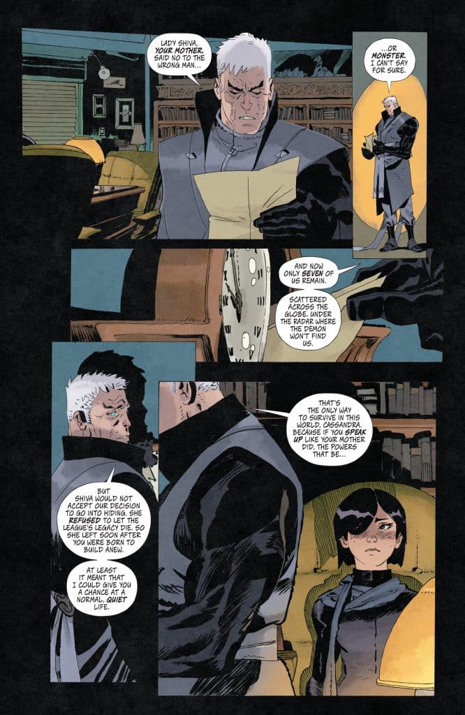 A comic book scene featuring two characters, one male with gray hair and a serious expression reading a letter, and a young female character with dark hair, engaged in a tense conversation about a decision made by Lady Shiva regarding their futures.
