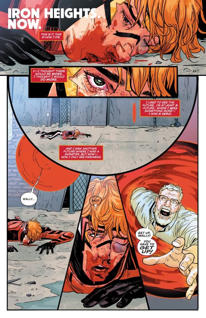Comic panel depicting a dramatic scene with a character lying on the ground, injured and bloodied, while another character reaches out and exclaims urgently.