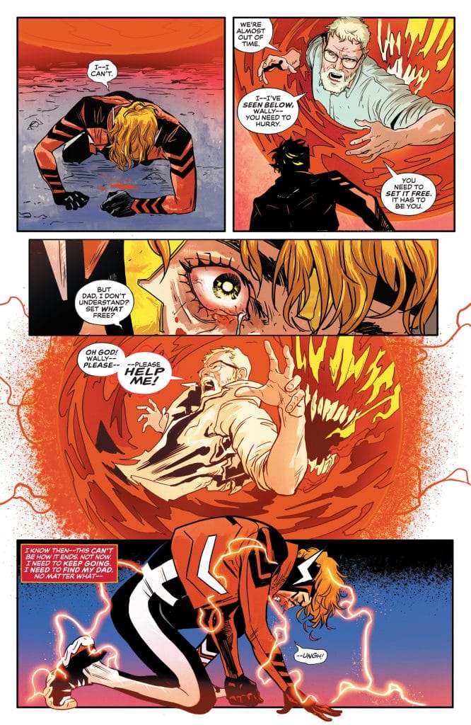 A comic book panel featuring a dramatic scene with a distressed young woman in a red and black suit, reaching towards a frantic older man. The background shows swirling fiery colors as the man pleads for help. The woman appears conflicted and determined in her expression, while her surroundings are chaotic.