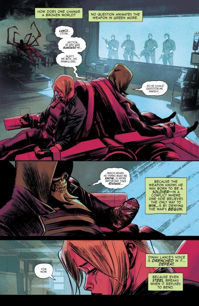 A comic book page featuring two characters in a dialogue, one wearing a red cloak and the other in a hood, discussing themes of conflict, weapons, and defeat. The background shows soldiers on a screen, while one character appears contemplative and serious, highlighting an emotional exchange.
