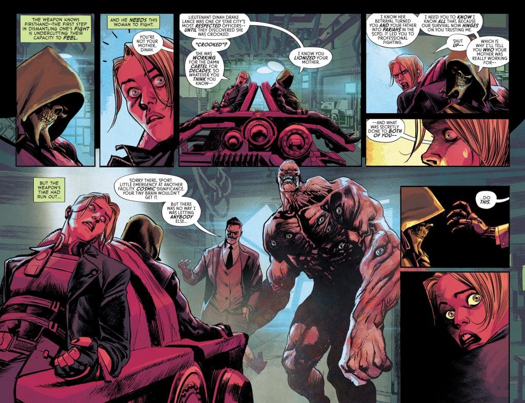 A comic book panel depicting a tense confrontation between multiple characters, including a hooded figure, a muscular monster, and a woman with a concerned expression. The scene features dialogue about betrayal and trust, set in a futuristic or sci-fi environment.