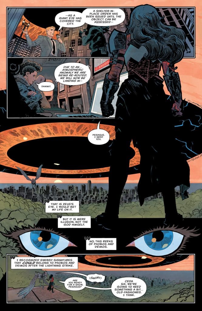 A comic book page featuring a giant eye hovering over a city skyline, with characters discussing an atmospheric anomaly and referencing Zeus. The scene includes a mix of dialogue, emotional expressions, and dramatic visuals.