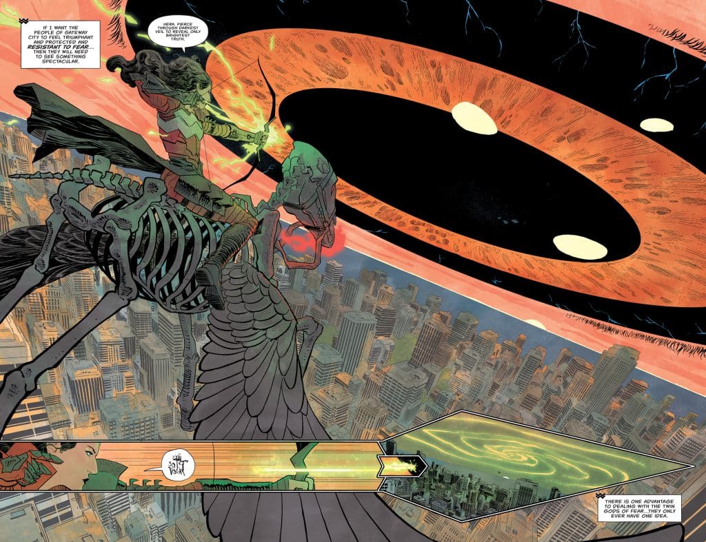 An illustrated comic scene featuring a heroic character wielding a glowing weapon while riding a skeletal bird above a cityscape, with a mysterious, swirling cosmic vortex in the background.