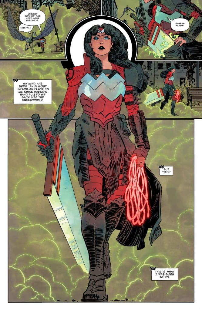 A powerful female warrior character in a dark red and black armored outfit, wielding a glowing sword and lasso, walks confidently through a misty, green-tinted underworld environment, with a determined expression.