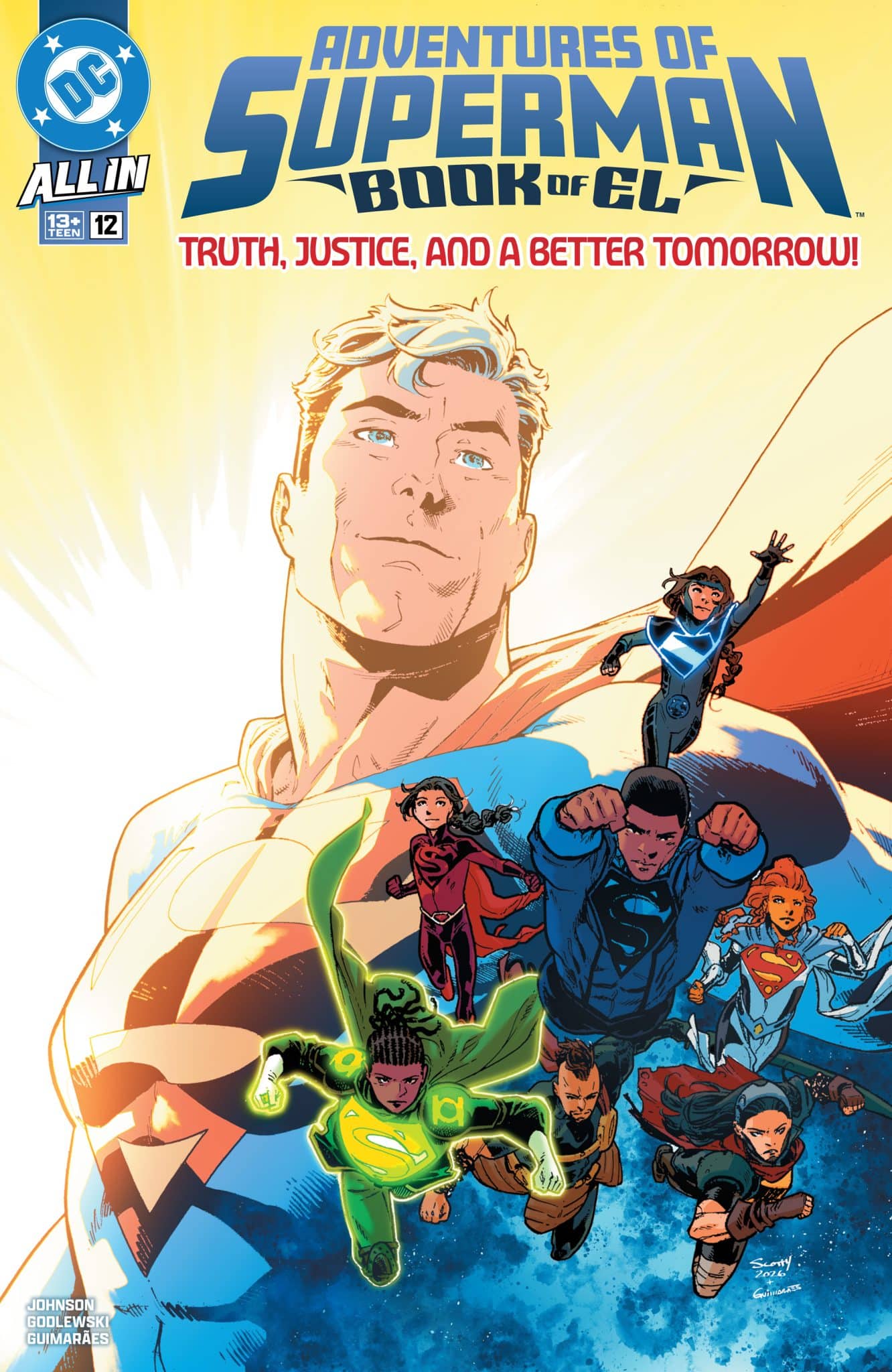 Comic book cover featuring Superman and various superheroes, with the title 'Adventures of Superman: Book of El' and the tagline 'Truth, Justice, and a Better Tomorrow!'