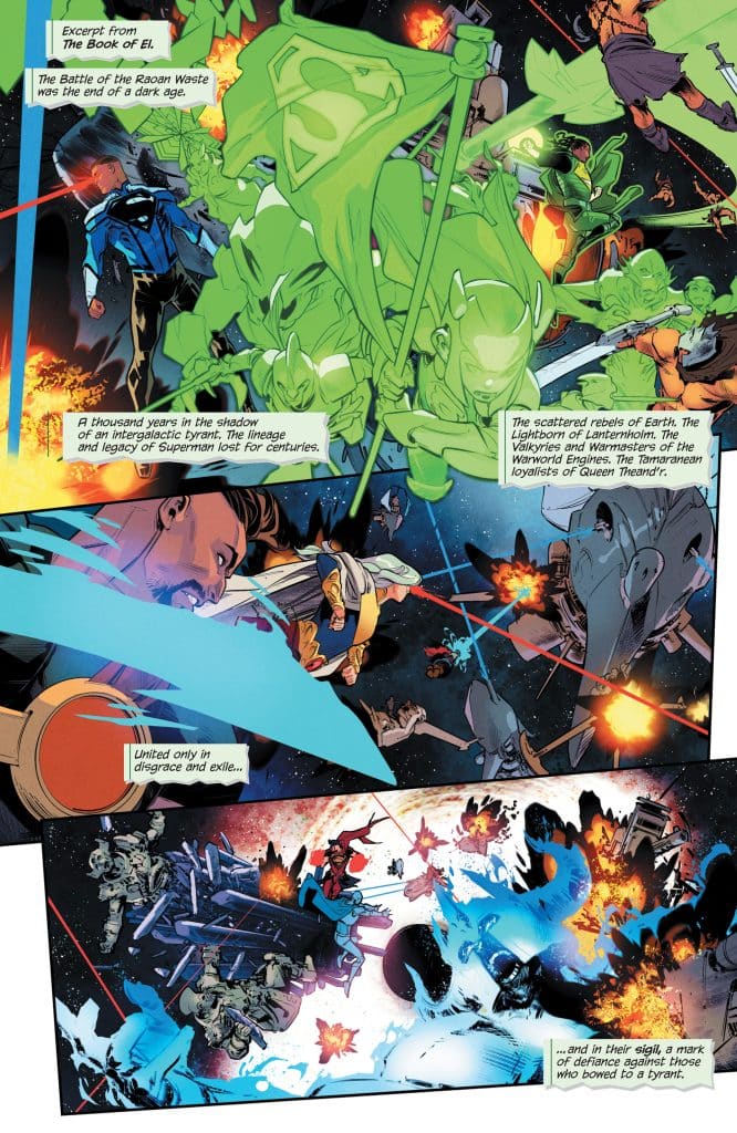 Comic panel excerpt depicting a battle scene in space, featuring various superheroes and villains engaged in combat amidst explosions and chaos.