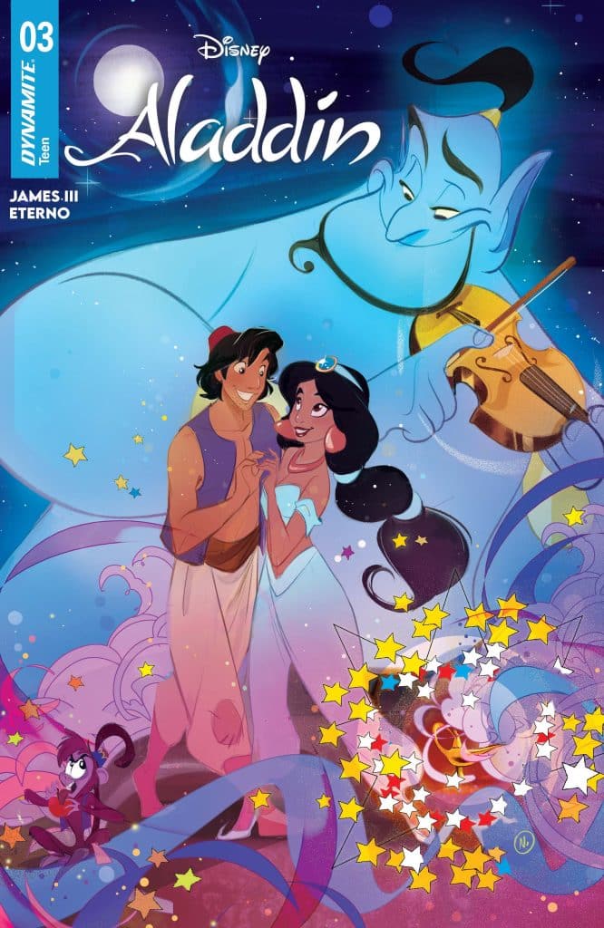 Cover of Disney's Aladdin comic featuring Aladdin and Jasmine with the Genie playing a violin in the background and colorful stars floating around.