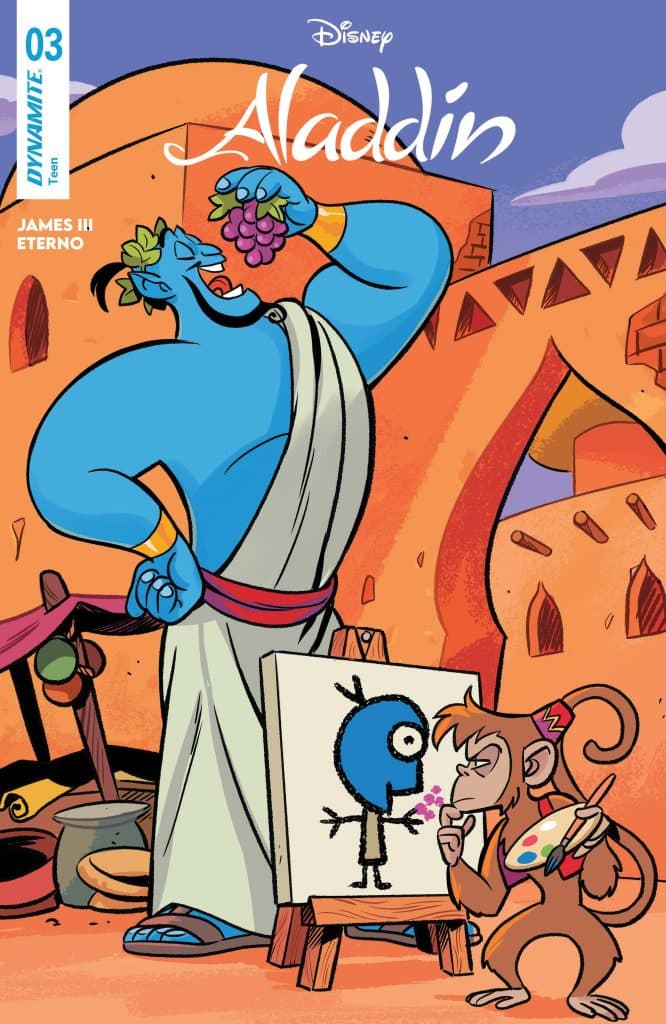 A cartoon depiction of the Genie from Disney's Aladdin, holding grapes and standing beside a painting on an easel, while a monkey holds a paint palette, both in a vibrant desert setting.