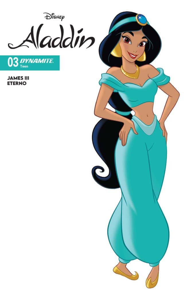 Disney character Jasmine from Aladdin, wearing a turquoise outfit with flowing pants and a crop top, smiling with long black hair.
