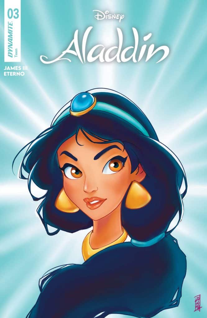 Illustration of Jasmine from Disney's Aladdin, featuring her iconic blue outfit and gold jewelry, set against a soft, glowing background.