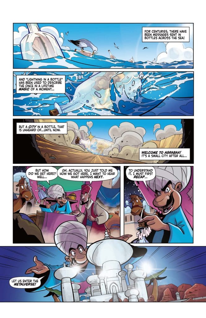 A comic-style illustration depicting a narrative about messages in bottles at sea, introducing a city named Agrabah. Characters express curiosity and excitement while engaging in conversation near a magical, shining structure. The scene blends a vibrant ocean backdrop with fantastical elements.