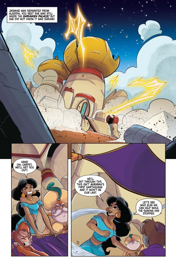 A comic book scene depicting Jasmine, a character in a blue outfit, speaking reassuringly to her friends inside a damaged palace. The palace is shown surrounded by debris with a starry sky above, and Jasmine is encouraging them while discussing the earthquake.