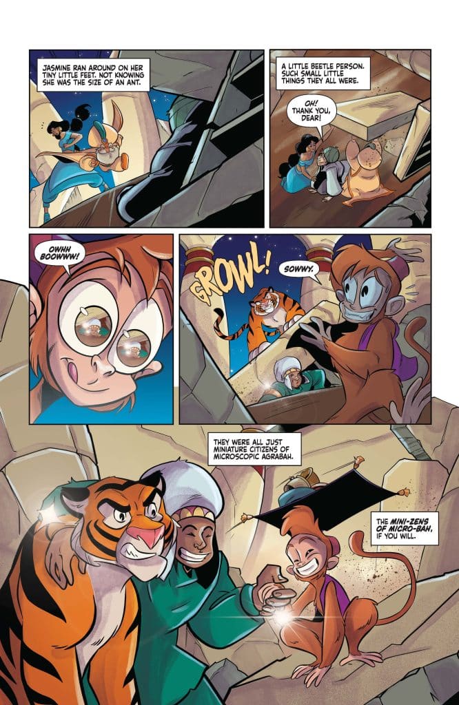 A comic book scene featuring a small character named Jasmine running around on tiny feet, interacting with a group of miniature creatures in a whimsical environment.