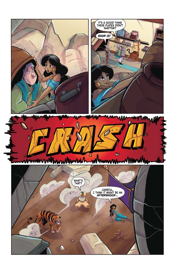 A comic panel showing characters reacting to a loud noise, with an explosion sound effect 'CRASH!' prominently displayed. Two characters are shown on the left side, discussing the durability of plates amidst some rubble, while on the right side, a tiger and a small creature are seen in a dusty environment. One character expresses concern about an aftershock.