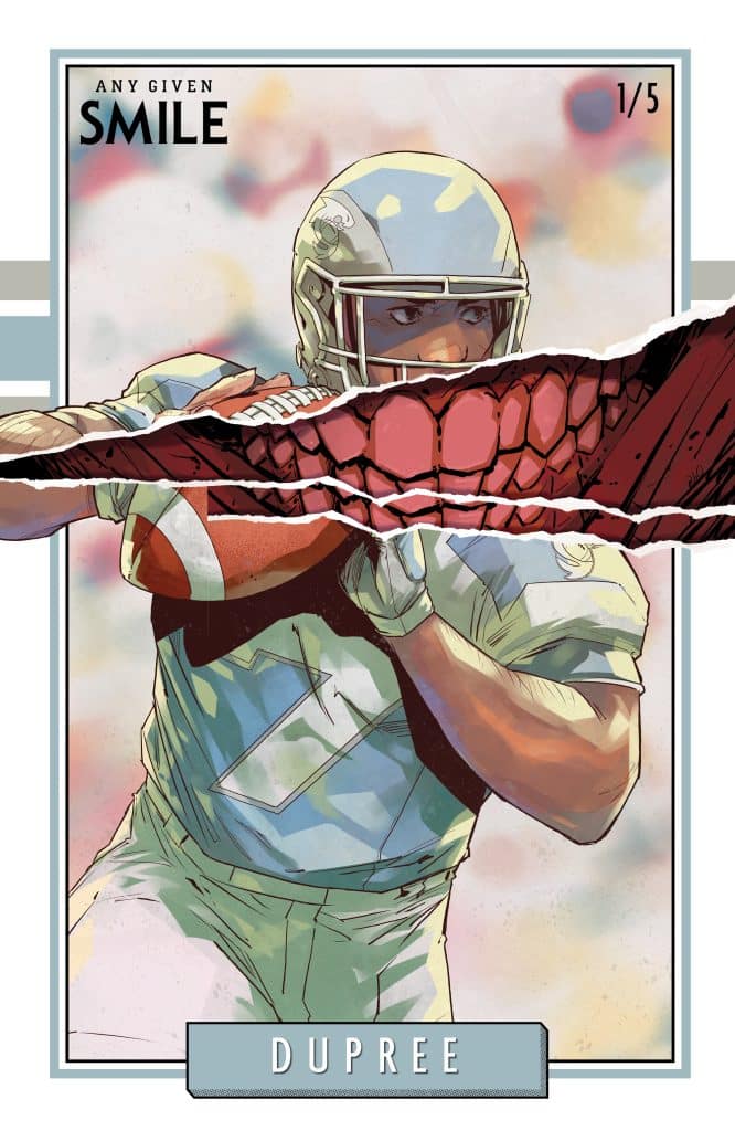 An illustration of a football player in a light blue uniform and helmet, holding a football with a dramatic, large red and black claw-like graphic overlay across the image. The background features a colorful, blurred pattern, and the name 'DUPREE' is displayed at the bottom.