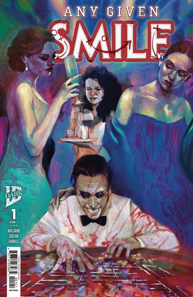 Cover of the comic book 'Any Given Smile', featuring a colorful and abstract illustration of a man in a tuxedo at a gambling table, surrounded by three women. The man has a sinister grin, while the women are holding drinks and looking towards him.