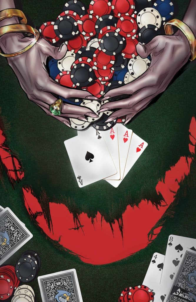 Close-up of a person’s hands holding a large stack of poker chips, surrounded by playing cards featuring aces and other designs on a green felt surface.