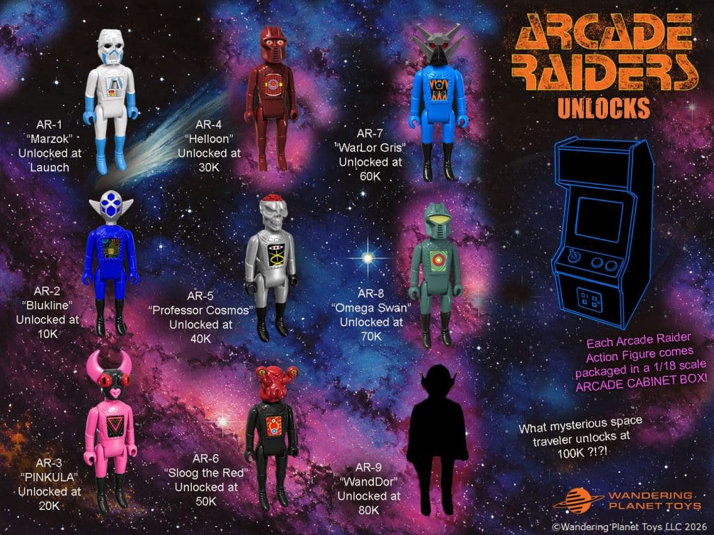 An infographic featuring collectible action figures from the 'Arcade Raiders' series, each labeled with their names and unlock milestones. The figures are displayed against a colorful space background, alongside an arcade cabinet graphic. The figures include 'Marzok', 'Blukline', 'PINKULA', 'Helloon', 'Professor Cosmos', 'Sloog the Red', 'WarLor Gris', 'Omega Swan', and 'WandDor', with milestones ranging from launch to 100K.
