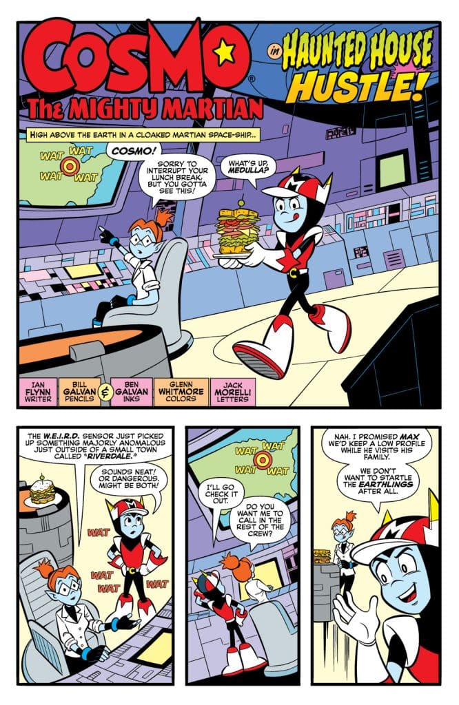 Comic panel titled 'Cosmo: The Mighty Martian in Haunted House Hustle!' featuring characters in a Martian spaceship discussing an anomaly detected near a town.
