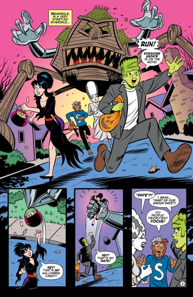 A cartoon scene featuring characters dressed in Halloween costumes running from a large, spooky house with monster-like features. The characters hold trick-or-treat bags, and dialogue bubbles indicate a sense of urgency and humor. One panel shows a character claiming their Halloween candy.
