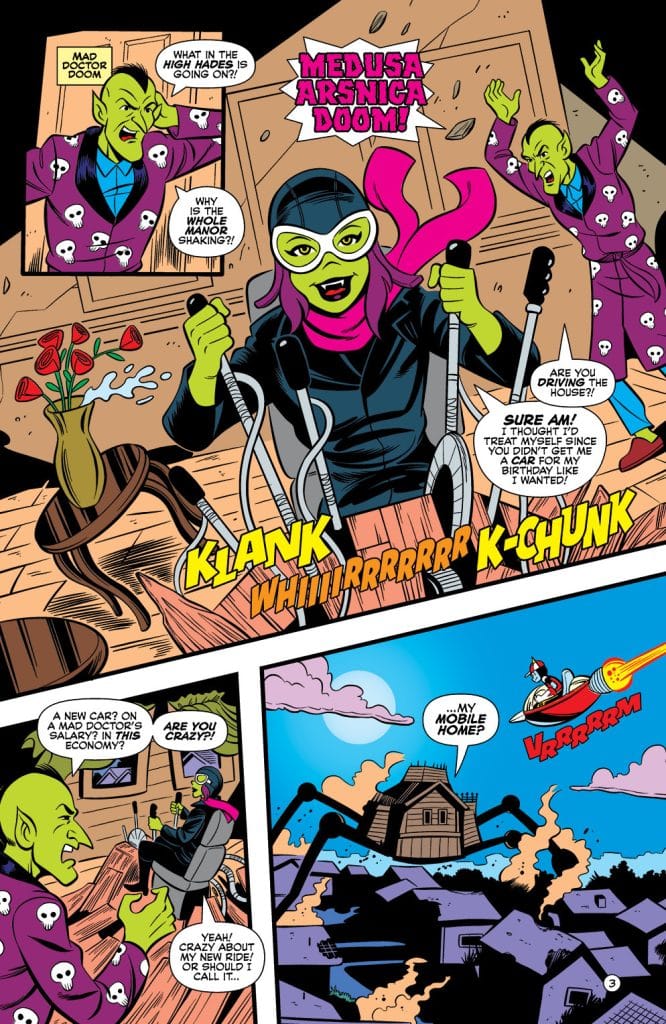 A colorful comic strip featuring a character named Medusa Arsnica in a black outfit and goggles, interacting with Mad Doctor Doom and discussing a shaking manor and a new car.