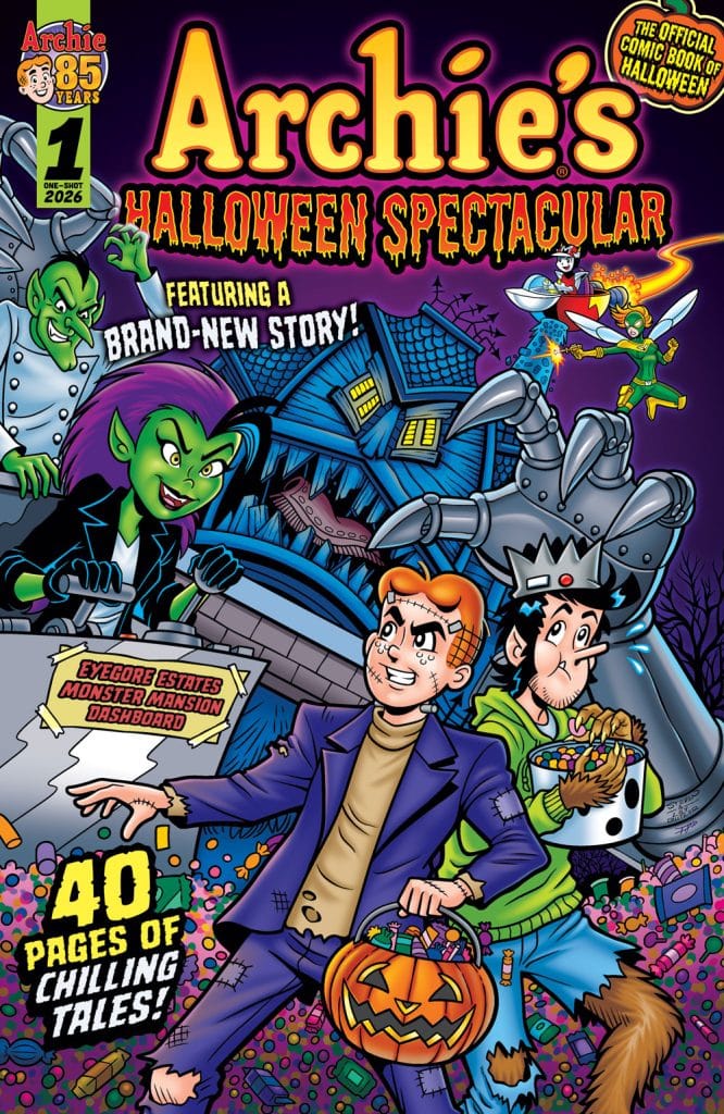 Cover of 'Archie's Halloween Spectacular' comic featuring colorful Halloween-themed illustrations, including Archie dressed as a monster, a spooky mansion in the background, and various characters like a green figure and a crown-wearing character.