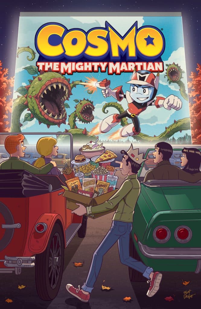 A retro-style illustration of a drive-in theater scene featuring a movie poster for 'Cosmo The Mighty Martian,' showing a superhero character battling giant plants. People in vintage cars are enjoying snacks like popcorn and pizza, with autumn leaves scattered around.