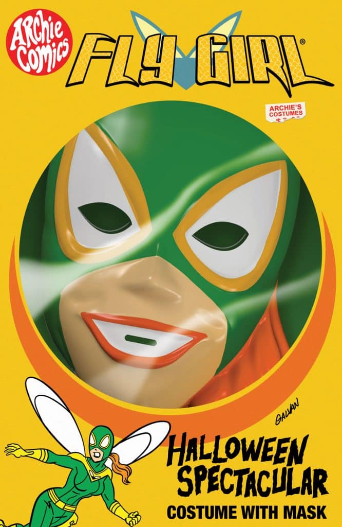 Costume package featuring Fly Girl from Archie Comics, showcasing a colorful mask with green accents and a smiling face, set against a bright yellow background with Halloween-themed text.