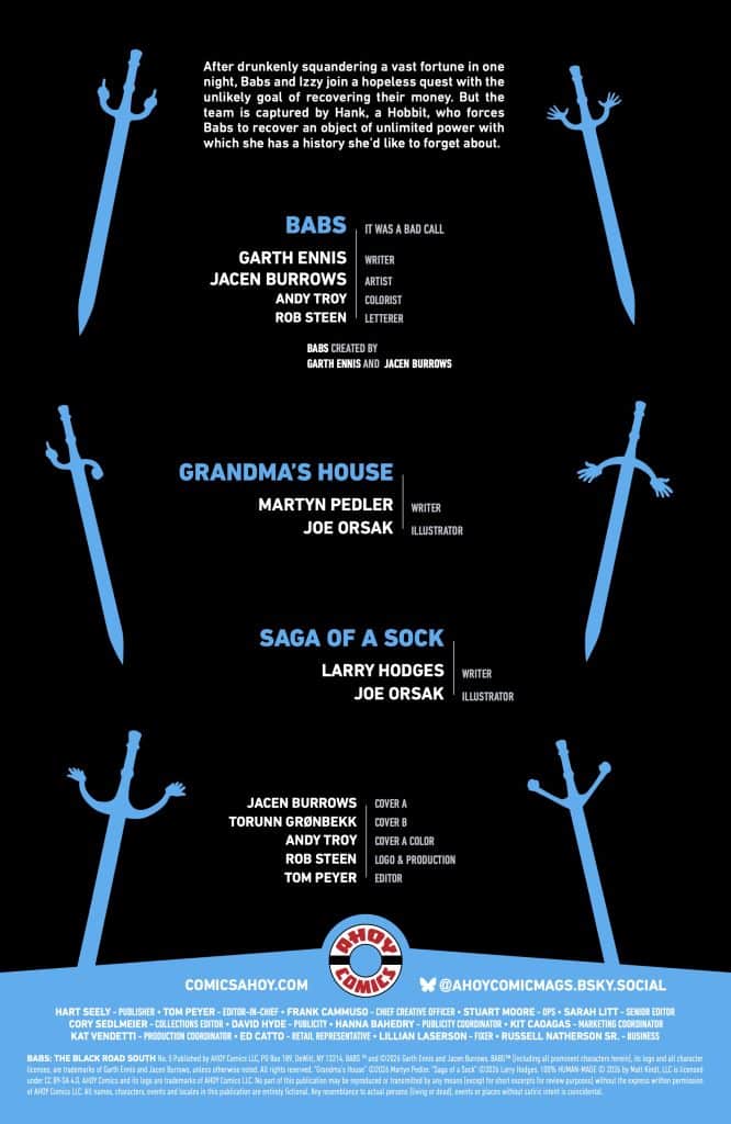 A comic book page featuring titles and credits for three stories: 'Babs,' 'Grandma's House,' and 'Saga of a Sock,' highlighting writers, artists, and production details.