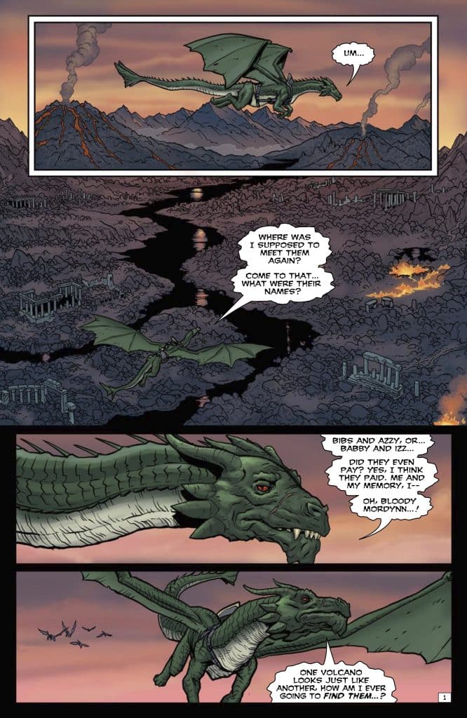 A green dragon flies over a landscape with mountains and a river, contemplating where to meet its friends, with volcanoes in the background and a comic-style speech bubble expressing confusion about names.
