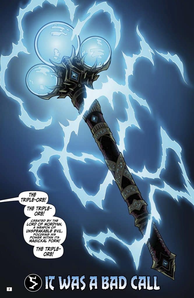 A magical staff called the Triple-Orb, featuring three glowing orbs at the top and decorative handle, surrounded by electrical energy, with text referring to its creation by a powerful being.