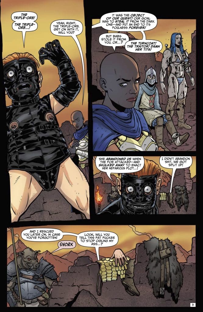A comic page featuring characters engaged in a conversation, discussing a quest for a mystical object called the 'Triple-Orb.' The characters include a masked figure, a bald woman, a muscular warrior, and others, set against a rocky, sunset backdrop.