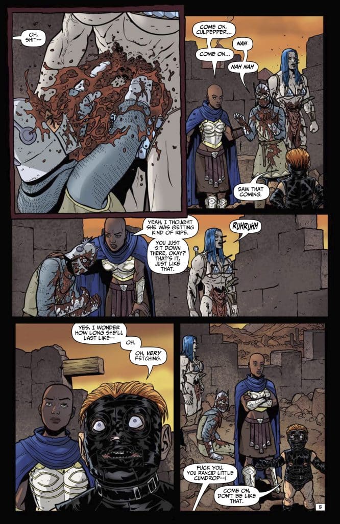 A comic book page featuring four characters engaged in a conversation, with one character seen holding a bloody weapon. The scene has a dark and gritty atmosphere, set against a stone wall. The characters display various expressions ranging from shock to humor.