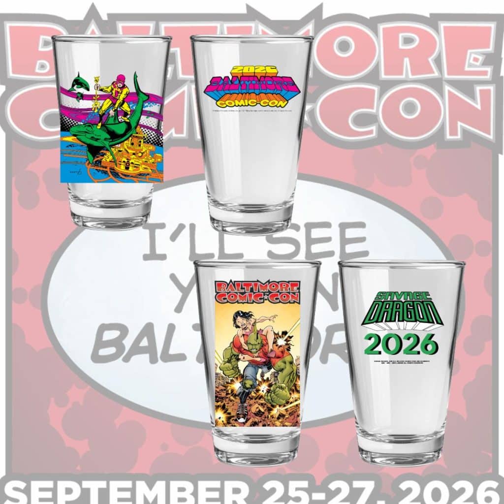 Four graphic shot glasses featuring colorful designs related to Baltimore Comic-Con and Savage Dragon. The glasses include images of characters, event branding, and dates for the comic convention.