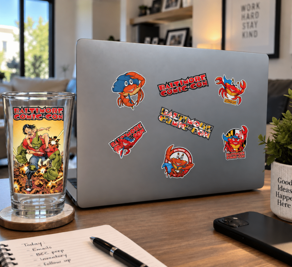 A laptop covered in colorful Baltimore Comic-Con stickers, alongside a glass with comic art, a notepad with tasks, and a smartphone on a wooden desk.