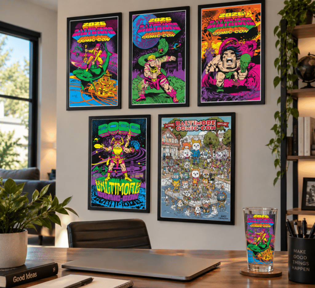 Colorful comic book-themed posters from the 2026 Baltimore Comic-Con displayed on a wall in a modern office setting, with a glass featuring a Comic-Con design on the desk.