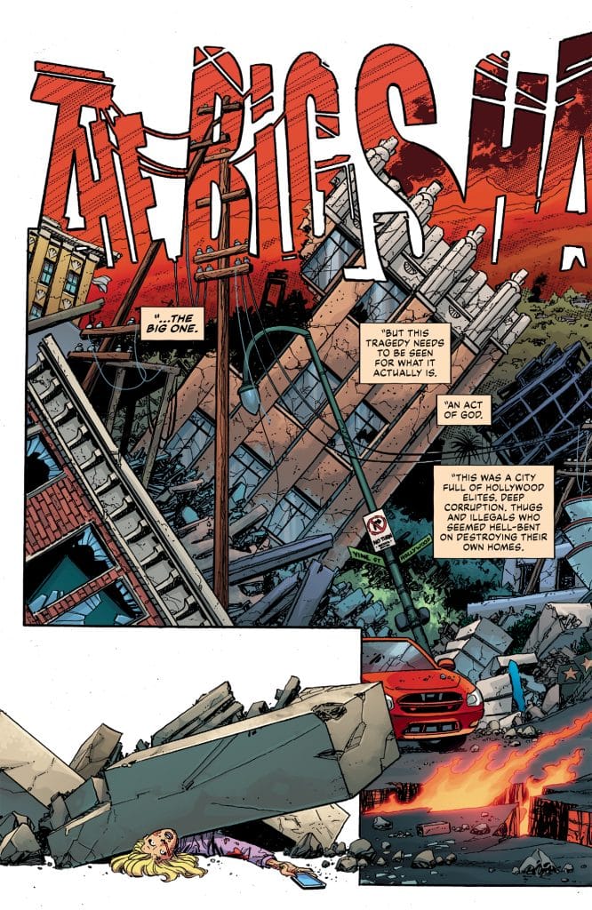 Comic panel depicting a devastating urban disaster, with collapsed buildings and debris. A woman is trapped under rubble, reaching for a smartphone, while a fire burns in the background. Text elements highlight the tragedy and chaos.