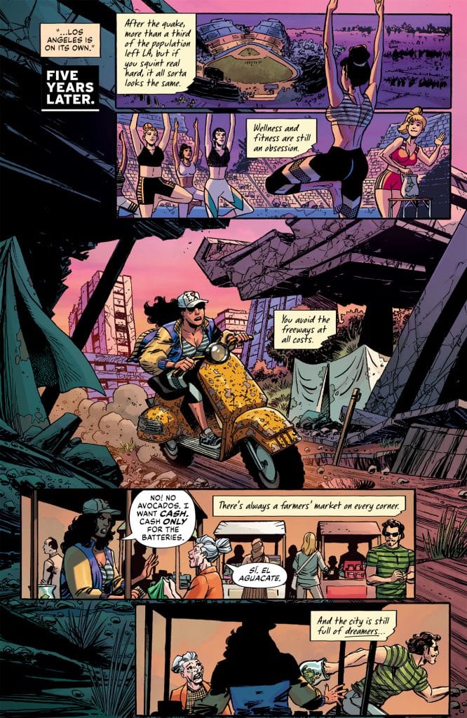 A comic panel depicting a post-apocalyptic Los Angeles five years after an earthquake, with a mix of urban decay and lively street markets. Several characters engage in fitness and wellness activities, and a vendor is seen at a market table, emphasizing a barter economy with cash-only transactions. The scene blends themes of resilience and adaptation in a changed environment.