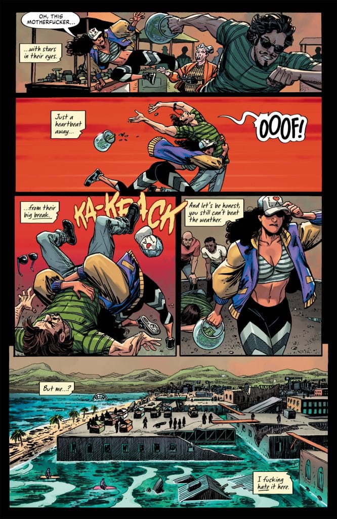 A comic book panel showing a scene of action with two characters in combat. One character is throwing an object while the other is being knocked down. There are onlookers in the background, and a scenic coastal view is visible in the bottom panel with buildings and a dock.
