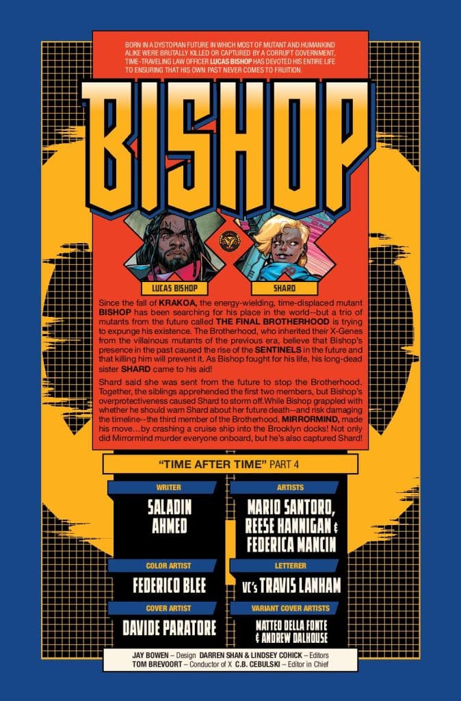 Comic book cover for 'Bishop', featuring characters Lucas Bishop and Shard. The background has bold colors and design elements related to the storyline focusing on a dystopian future and time travel.